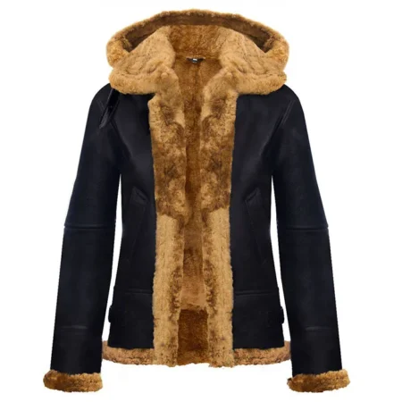 Womens Black B3 Hooded Leather Bomber Jacket Front webp