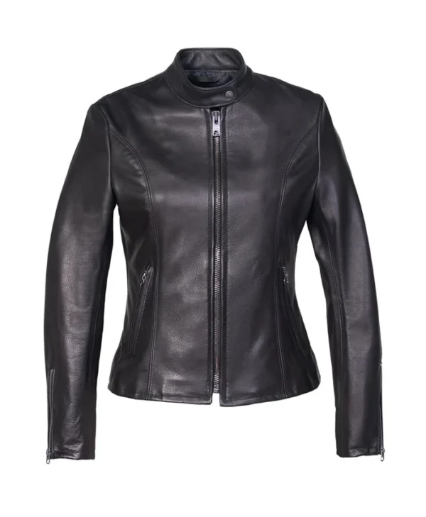 Womens Black Cafe Racer Leather Jacket Main webp