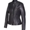 Womens Black Cafe Racer Leather Jacket Side webp