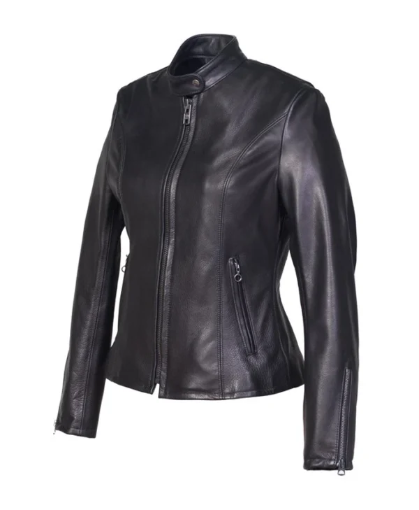 Womens Black Cafe Racer Leather Jacket Side webp