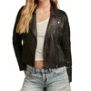 Womens Black Classic Leather Moto Jacket Main webp