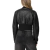 Womens Black Cropped Leather Bomber Jacket Back webp