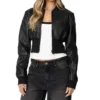 Womens Black Cropped Leather Bomber Jacket Main webp