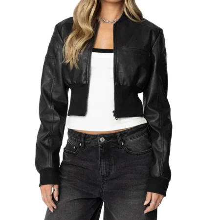 Womens Black Cropped Leather Bomber Jacket Main webp