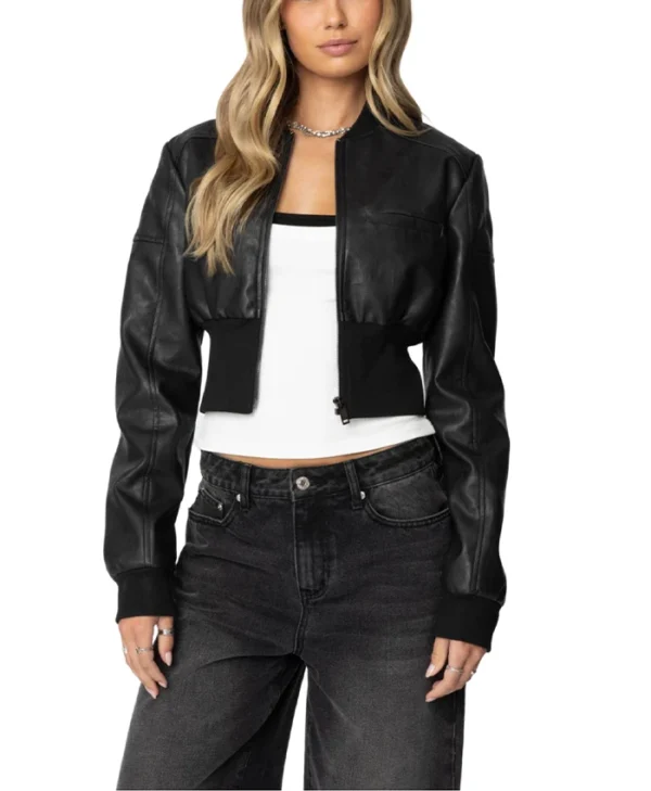 Womens Black Cropped Leather Bomber Jacket Main webp