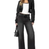 Womens Black Cropped Leather Bomber Jacket Stand Up webp