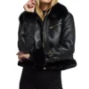 Womens Black Cropped Shearling Aviator Leather Jacket Main webp