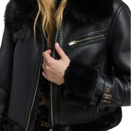 Womens Black Cropped Shearling Aviator Leather Jacket Pockets webp