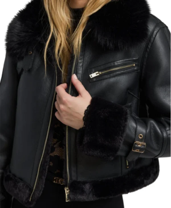 Womens Black Cropped Shearling Aviator Leather Jacket Pockets webp