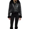 Womens Black Cropped Shearling Aviator Leather Jacket Stand Up webp