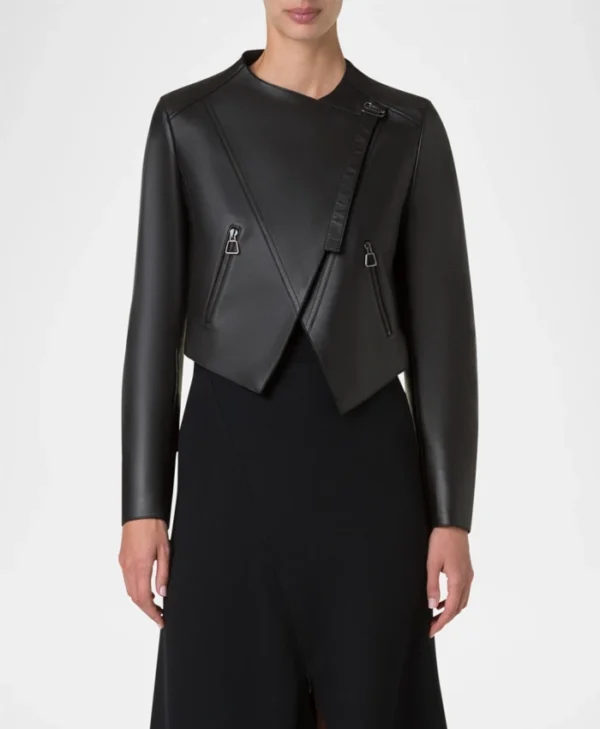 Womens Black Lambskin Biker Style Jacket Main webp