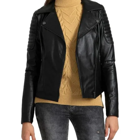 Womens Black Leather Biker Jacket 1 webp