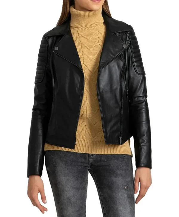 Womens Black Leather Biker Jacket 1 webp