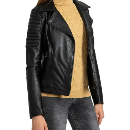 Womens Black Leather Biker Jacket Left Side webp