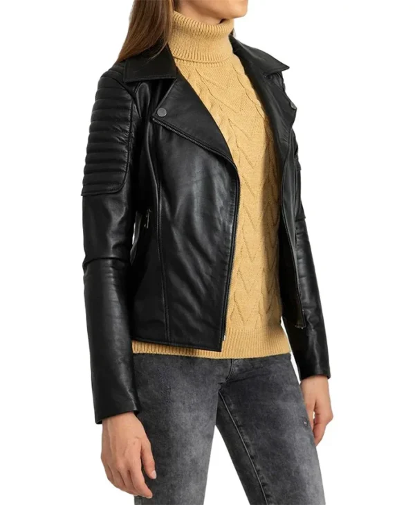 Womens Black Leather Biker Jacket Left Side webp