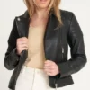 Womens Black Leather Motorcycle Jacket Front webp