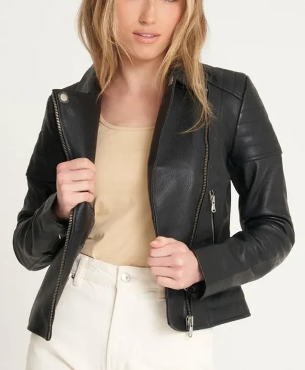 Womens Black Leather Motorcycle Jacket Front webp