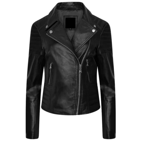 Womens Black Leather Motorcycle Jacket Main webp