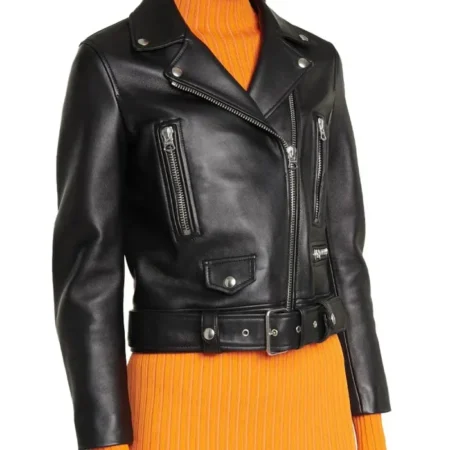 Womens Black Moto Jacket With ASY Collar Front webp