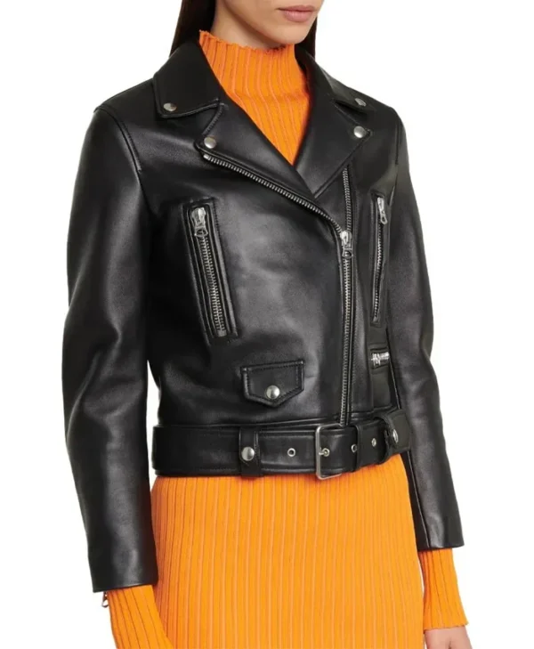 Womens Black Moto Jacket With ASY Collar Front webp