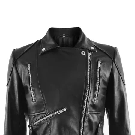 Womens Black Peplum Leather Jacket Collar webp