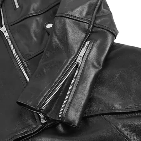 Womens Black Peplum Leather Jacket Cuffs webp