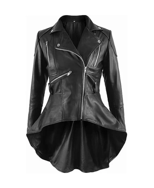 Womens Black Peplum Leather Jacket Main webp