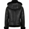 Womens Black Shearling Hooded Aviator Bomber Jacket Back webp
