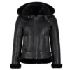Womens Black Shearling Hooded Aviator Bomber Jacket Main webp