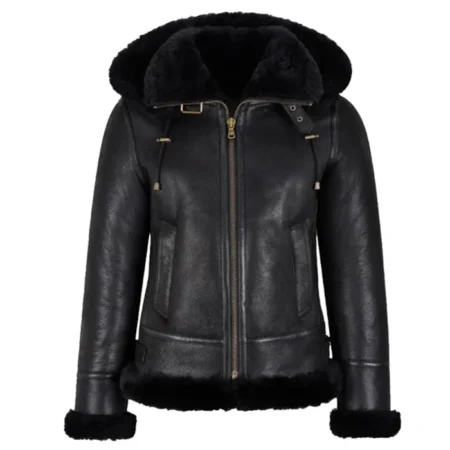 Womens Black Shearling Hooded Aviator Bomber Jacket Main webp