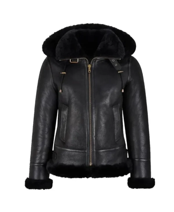 Womens Black Shearling Hooded Aviator Bomber Jacket Main webp