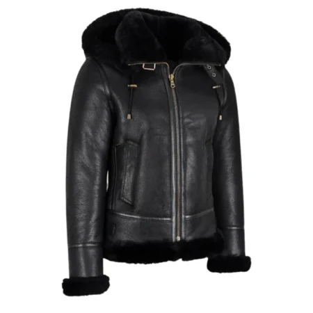 Womens Black Shearling Hooded Aviator Bomber Jacket Side webp