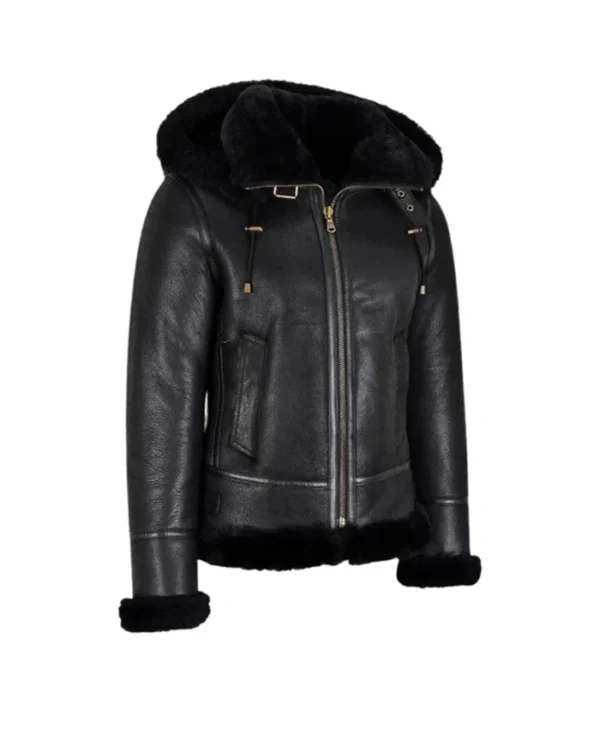 Womens Black Shearling Hooded Aviator Bomber Jacket Side webp