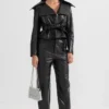 Womens Black Wide Lapel Leather Jacket With Belted webp