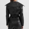 Womens Black Wide Lapel Leather Jacket With Belted Back webp
