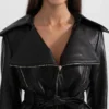 Womens Black Wide Lapel Leather Jacket With Belted Collar webp