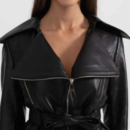 Womens Black Wide Lapel Leather Jacket With Belted Collar webp