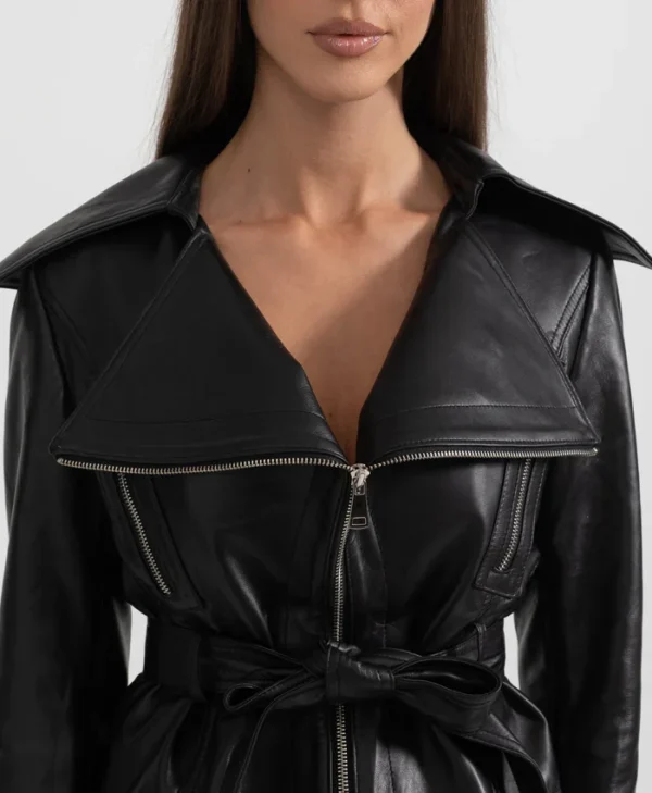 Womens Black Wide Lapel Leather Jacket With Belted Collar webp