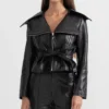 Womens Black Wide Lapel Leather Jacket With Belted Main webp