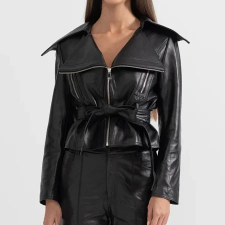 Womens Black Wide Lapel Leather Jacket With Belted Main webp