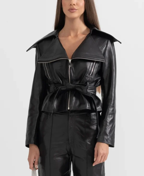 Womens Black Wide Lapel Leather Jacket With Belted Main webp