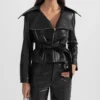 Womens Black Wide Lapel Leather Jacket With Belted Pockets webp
