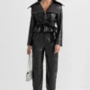 Womens Black Wide Lapel Leather Jacket With Belted Stand Up webp