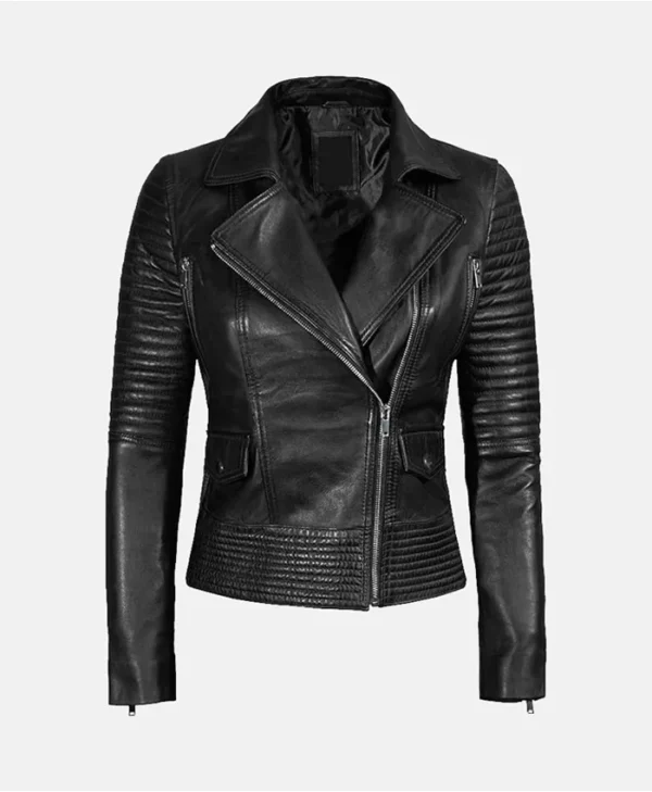 Womens Bright Black Lambskin Leather Jacket Main webp