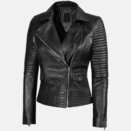 Womens Bright Black Lambskin Leather Jacket Side webp