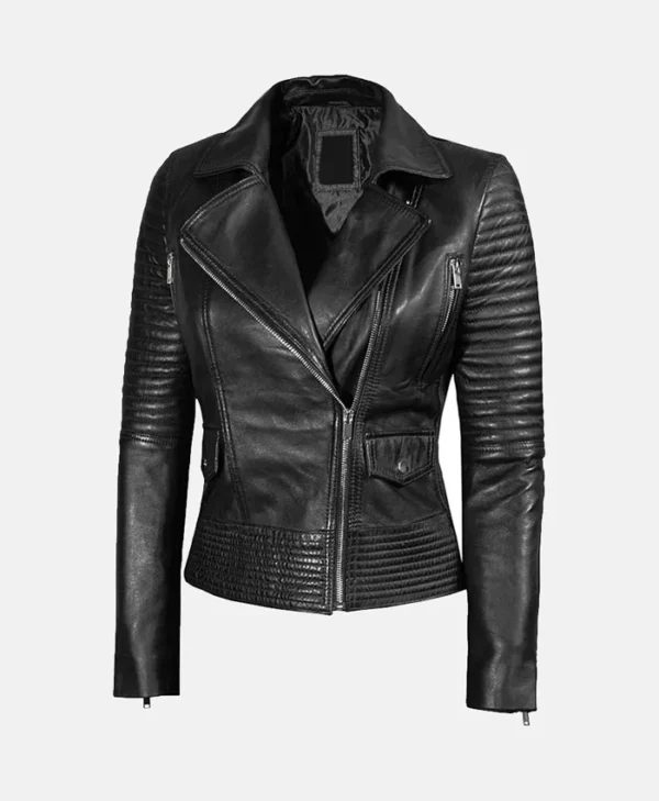 Womens Bright Black Lambskin Leather Jacket Side webp
