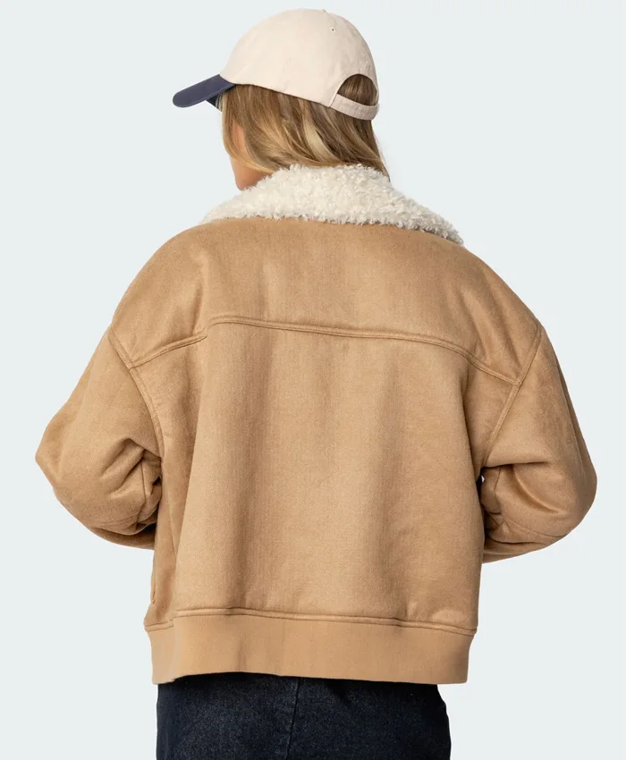 Womens Brown Leather Suede Shearling Jacket Back webp Womens Brown Leather Suede Shearling Jacket Back webp