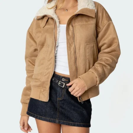 Womens Brown Leather Suede Shearling Jacket Main webp