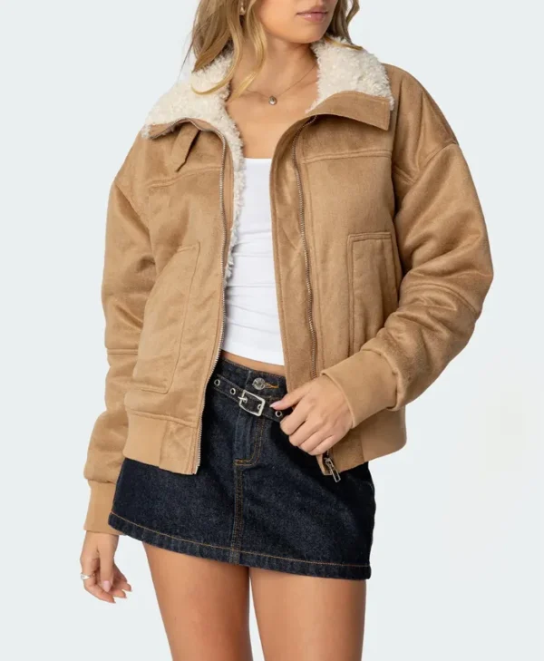 Womens Brown Leather Suede Shearling Jacket Main webp