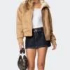 Womens Brown Leather Suede Shearling Jacket Stand Up webp